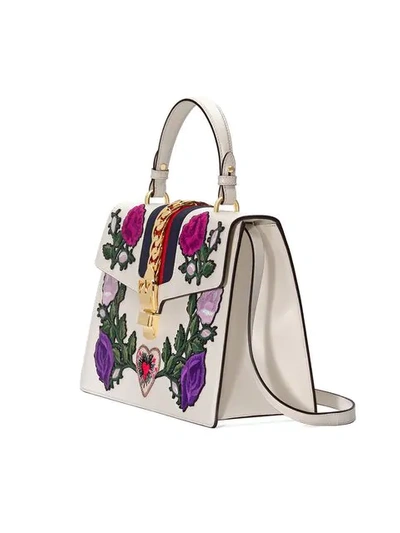 Shop Gucci White Embroidered Sylvie Medium Tote Bag