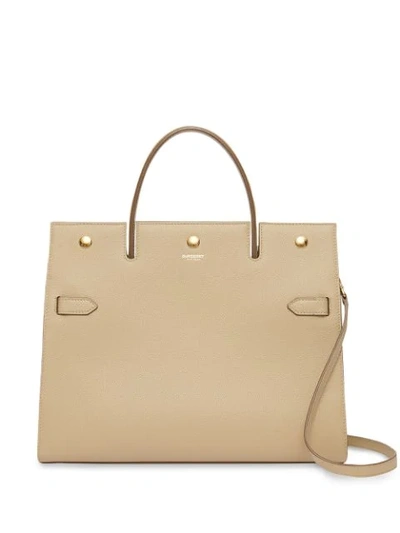 Shop Burberry Medium Leather Title Bag In Neutrals