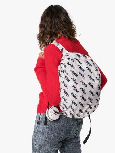 Shop Fendi White, Blue And Red  Mania Fila Logo Charm Backpack