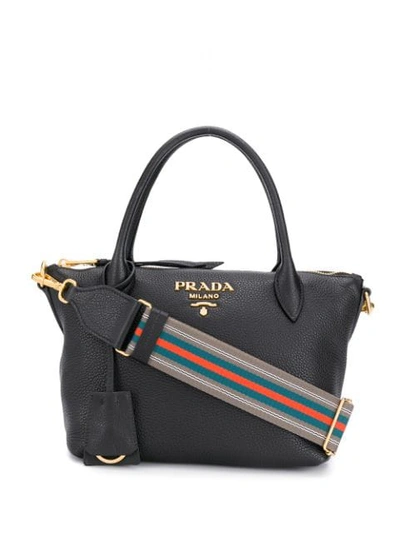 Shop Prada Striped Shoulder Strap Tote In Black