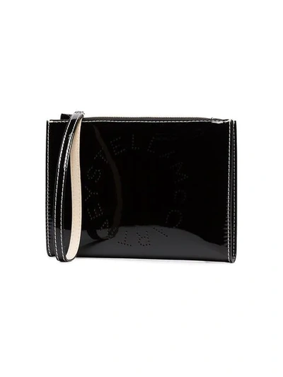 Shop Stella Mccartney Black Logo Print Faux Leather Zip Clutch Bag In 1000 Black