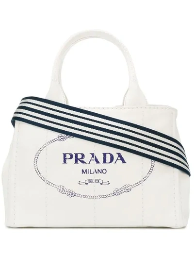 Shop Prada White Logo Medium Canvas Tote Bag