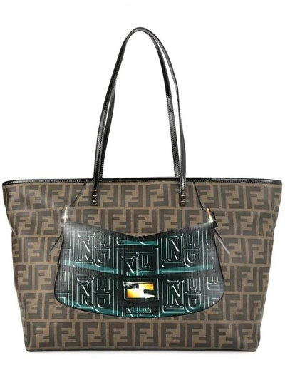 Pre-owned Fendi Mamma Baguette Print Zucca Pattern Shoulder Tote Bag In Brown