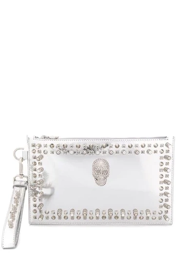 Shop Philipp Plein Crystal Skull Clutch Bag In Silver