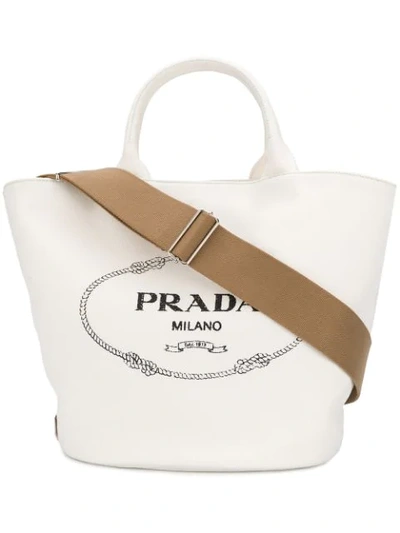 Shop Prada Front Logo Tote Bag In White