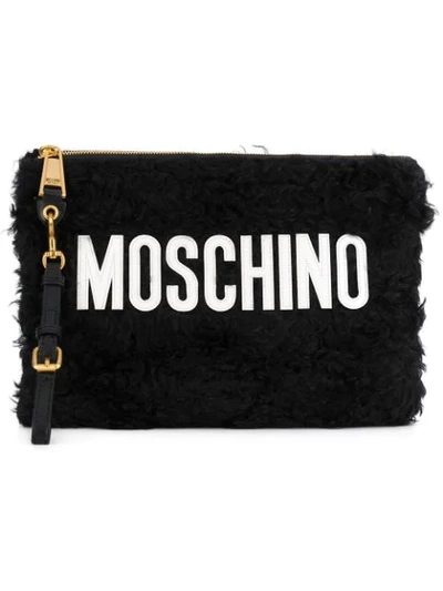 Shop Moschino Medium Textured Logo Pouch - Black