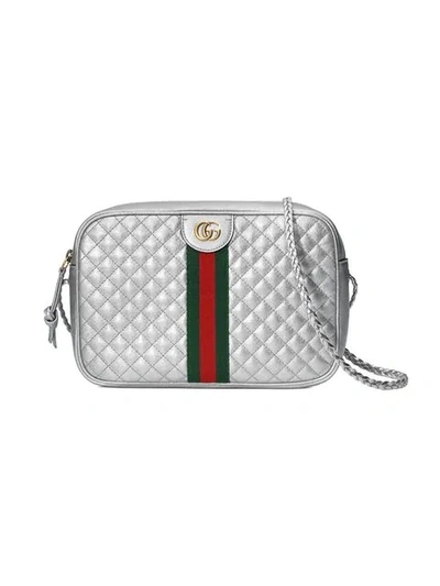 Shop Gucci Silver-tone Laminated Leather Small Shoulder Bag In Metallic