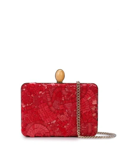 Shop Oscar De La Renta Sequinned Clutch - Red