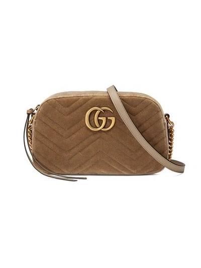 Shop Gucci Gg Marmont Velvet Small Shoulder Bag In Brown