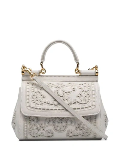 Shop Dolce & Gabbana White Sicily Mini Flower Embroidered Leather Shoulder Bag