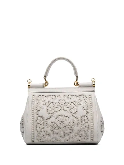 Shop Dolce & Gabbana White Sicily Mini Flower Embroidered Leather Shoulder Bag