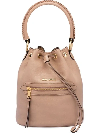 Shop Miu Miu Top Handle Bucket Bag In Brown