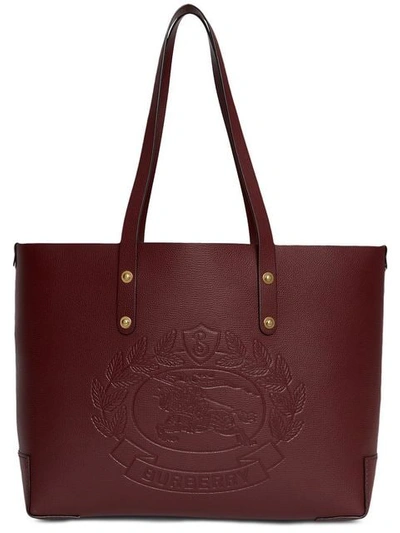 Shop Burberry Small Embossed Crest Leather Tote In Red