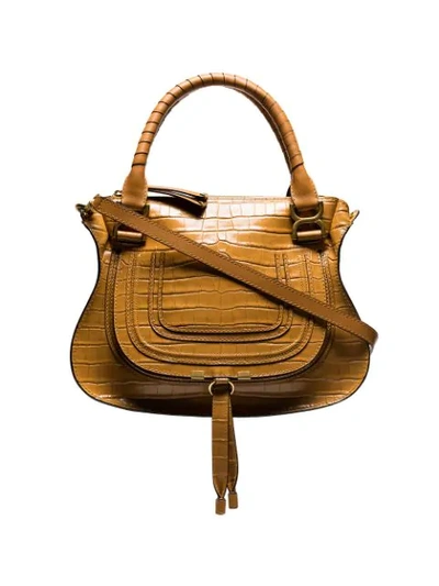 Shop Chloé Brown Croc Print Embossed Leather Shoulder Bag