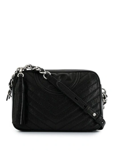 Shop Tory Burch Fleming Distressed Chevron Camera Bag In 001 Black