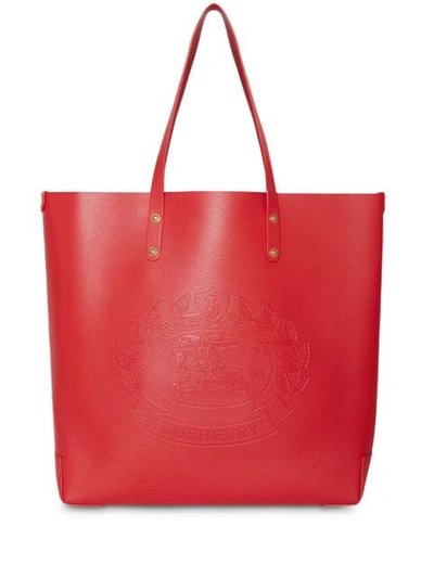 Shop Burberry Large Embossed Crest Leather Tote In Red