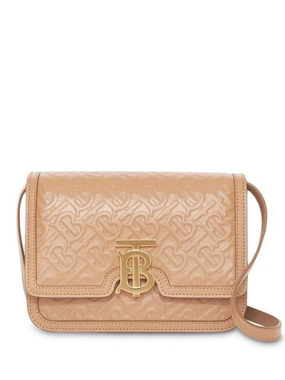 Shop Burberry Small Monogram Leather Tb Bag In Neutrals