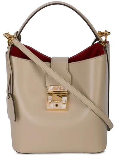 Shop Mark Cross Foldover Strap Bucket Bag In Neutrals