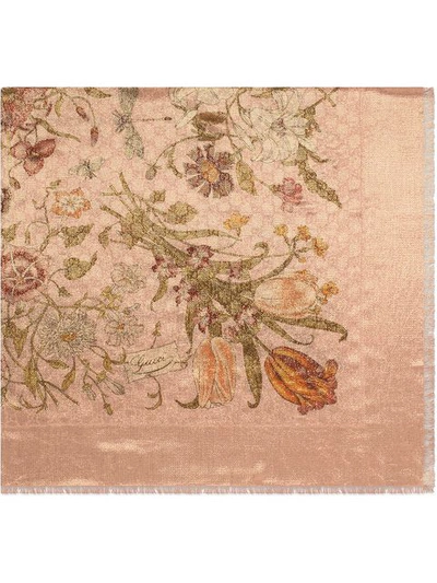 Shop Gucci Gg Wool And Lurex Shawl With Flora Print In Pink