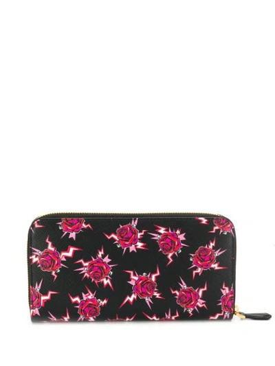 Shop Prada Floral Zipped Wallet In Black