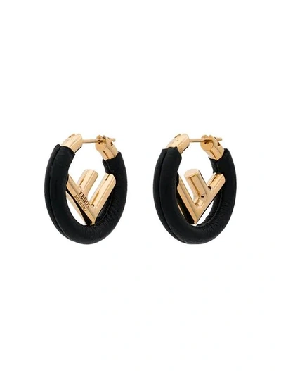 Shop Fendi Black F Logo Leather Hoop Earrings