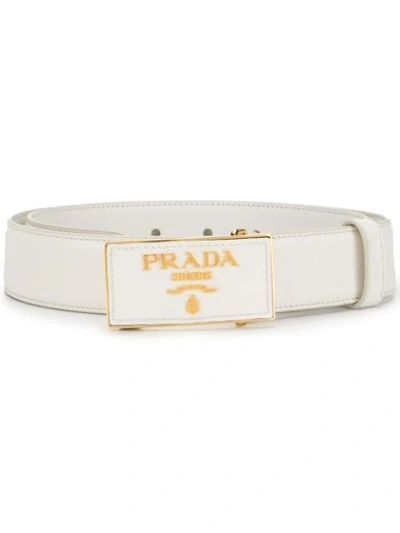 Shop Prada Saffiano Logo Buckle Belt In White