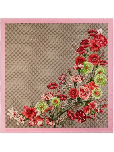 Shop Gucci Gg Bouquets Print Silk Scarf In Neutrals