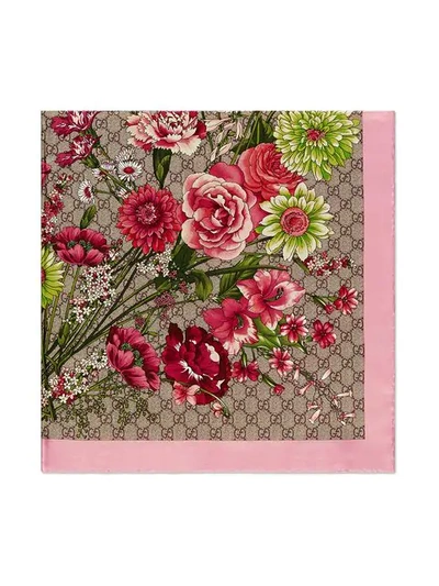 Shop Gucci Gg Bouquets Print Silk Scarf In Neutrals