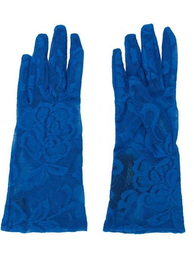 Shop Gucci Floral Lace Gloves In Blue