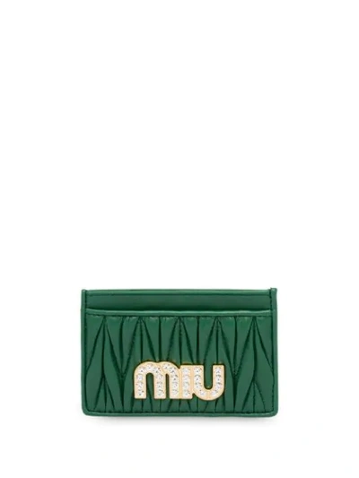 Shop Miu Miu Matelassé Embellished Logo Cardholder In Green