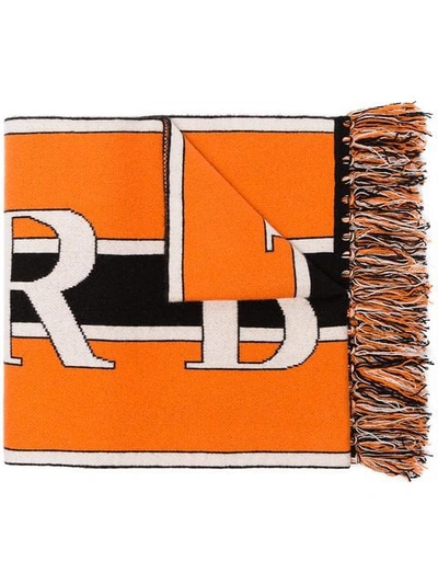 Shop Burberry Orange, Black And White Logo Knit Cashmere Scarf