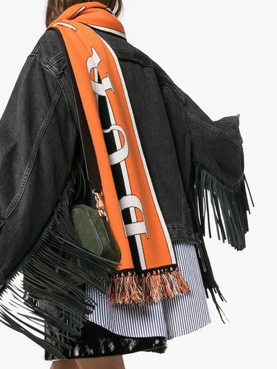 Shop Burberry Orange, Black And White Logo Knit Cashmere Scarf