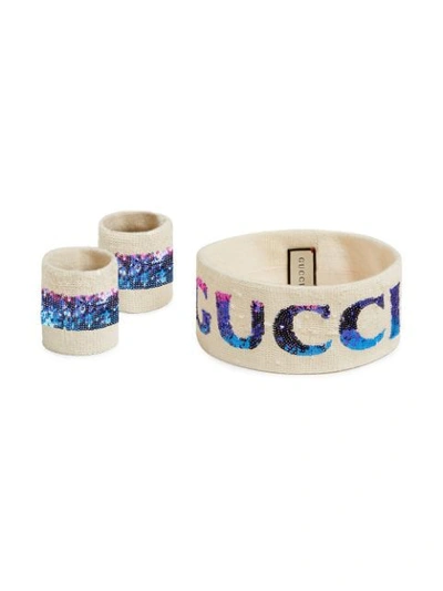 Shop Gucci Sequinned Headband And Wrist Cuffs In White