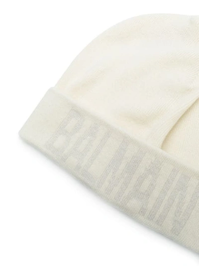 Shop Balmain Logo Beanie Hat - Neutrals