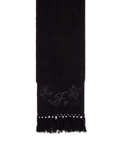 Shop Fendi Cashmere Embroidered Fringed Scarf - Black