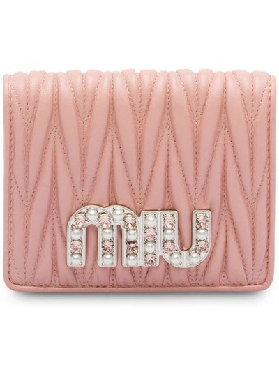 Shop Miu Miu Matelassé Embellished Logo Wallet In Pink