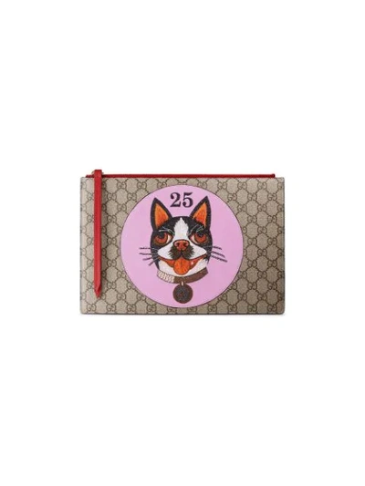 Shop Gucci Gg Supreme Pouch With Bosco Patch In Brown