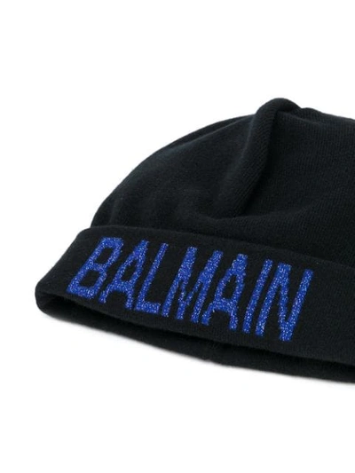 Shop Balmain Glitter Logo Beanie In Black