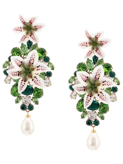 Shop Dolce & Gabbana Embellished Lily Earrings In Green