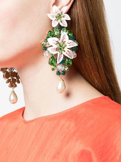 Shop Dolce & Gabbana Embellished Lily Earrings In Green