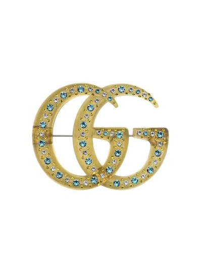 Shop Gucci Resin Double G Brooch With Crystals In Yellow