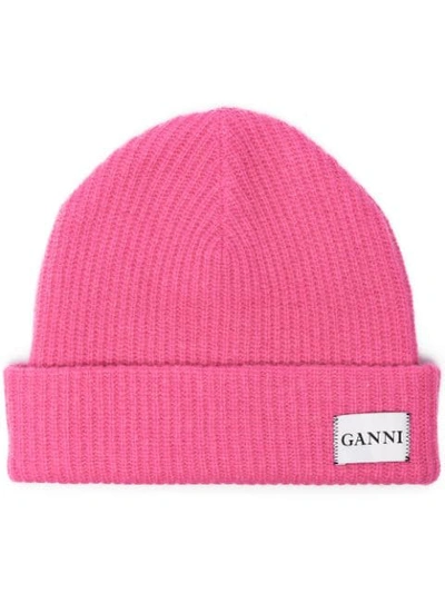 Shop Ganni Pink Knitted Logo Beanie