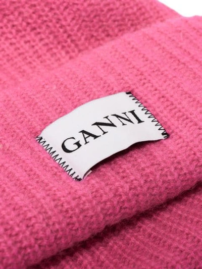 Shop Ganni Pink Knitted Logo Beanie