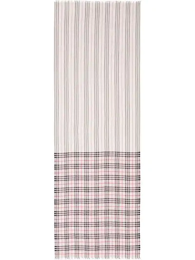 BURBERRY ICON STRIPE AND VINTAGE CHECK WOOL SILK SCARF - 粉色