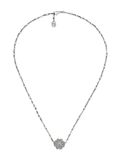 Shop Gucci Necklace With Flower, Diamonds And Pearls In Silver