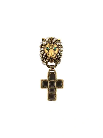 Shop Gucci Lion Head Ring With Cross Pendant In 8489