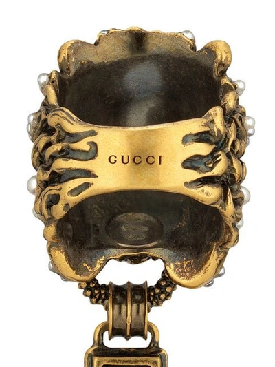 Shop Gucci Lion Head Ring With Cross Pendant In 8489