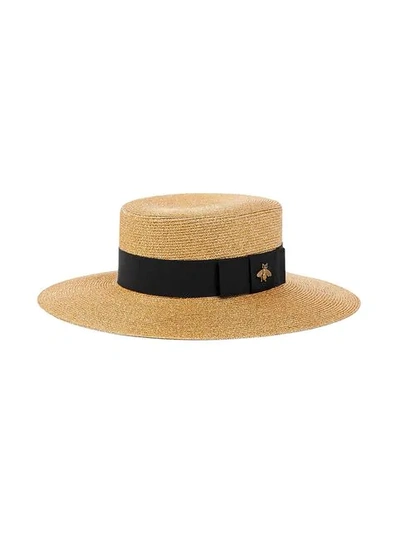 Shop Gucci Gold Metallic Bee Motif Straw Hat