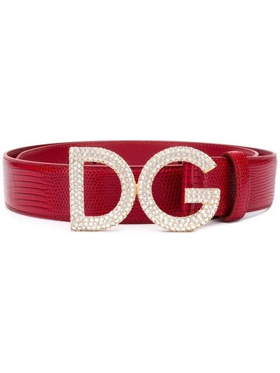 Shop Dolce & Gabbana Embellished Logo Buckle Belt In Red