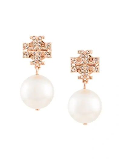 Shop Tory Burch Crystal Logo Pearl Drop Earrings In White